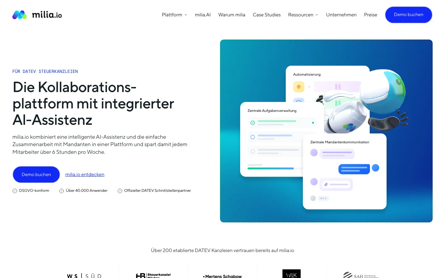 milia.io — German tax-software collaboration platform, hero showing the AI-assisted client communication interface