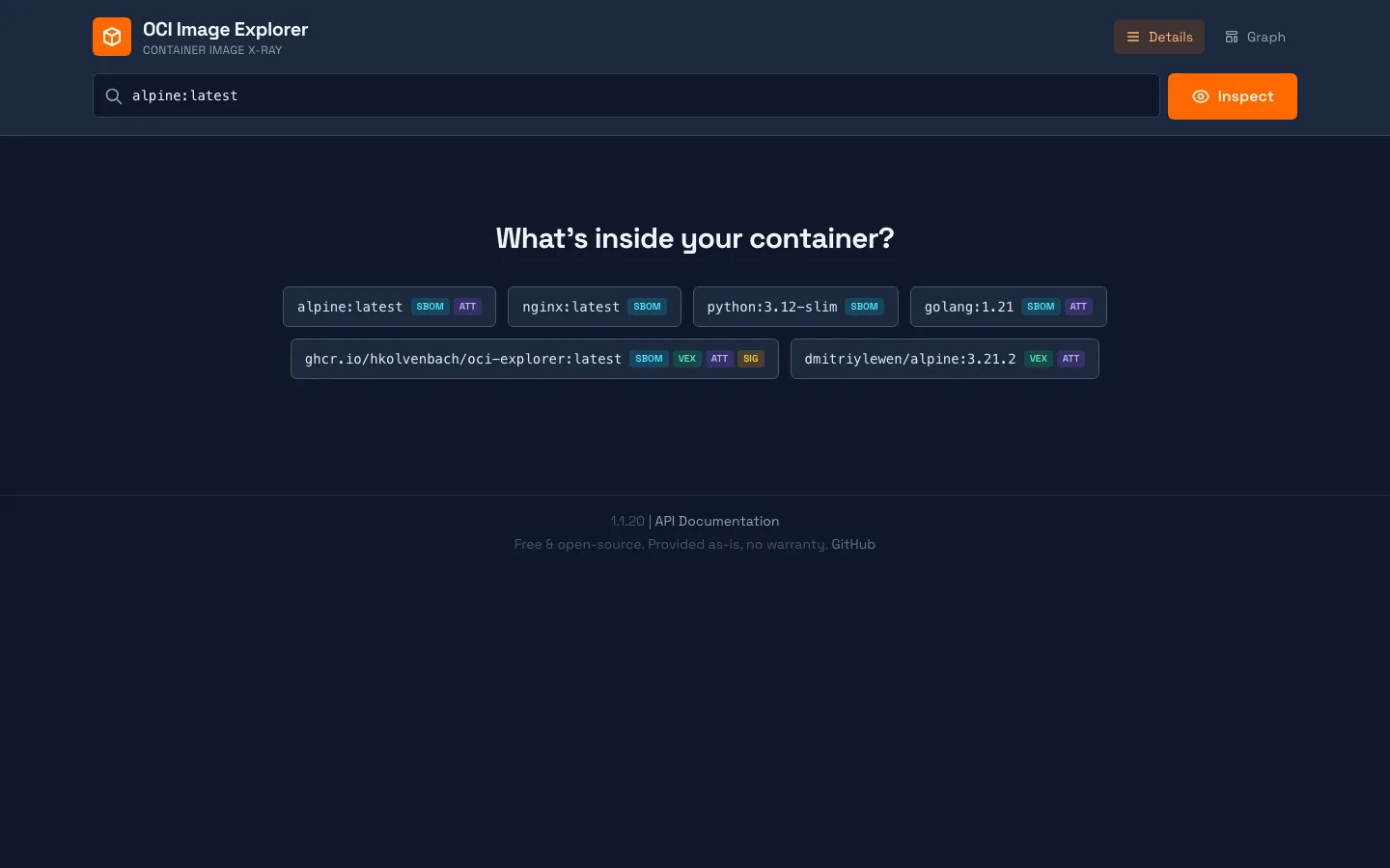 OCI Explorer — container image search interface with example image refs (alpine, nginx, python, golang) tagged with SBOM, attestation, VEX, and signature labels